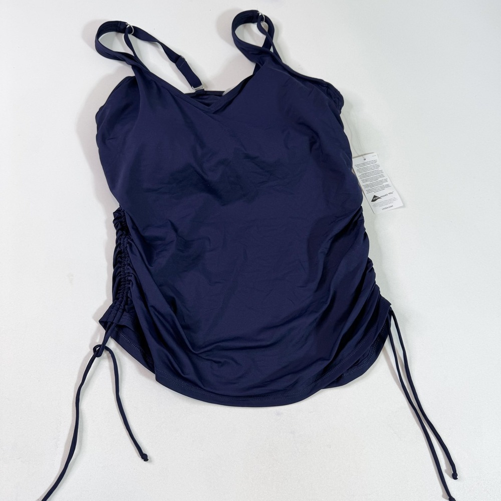 Lands End Swimsuit Womens 10 DD Navy Blue One Piece Adjustable Straps Ruched Top